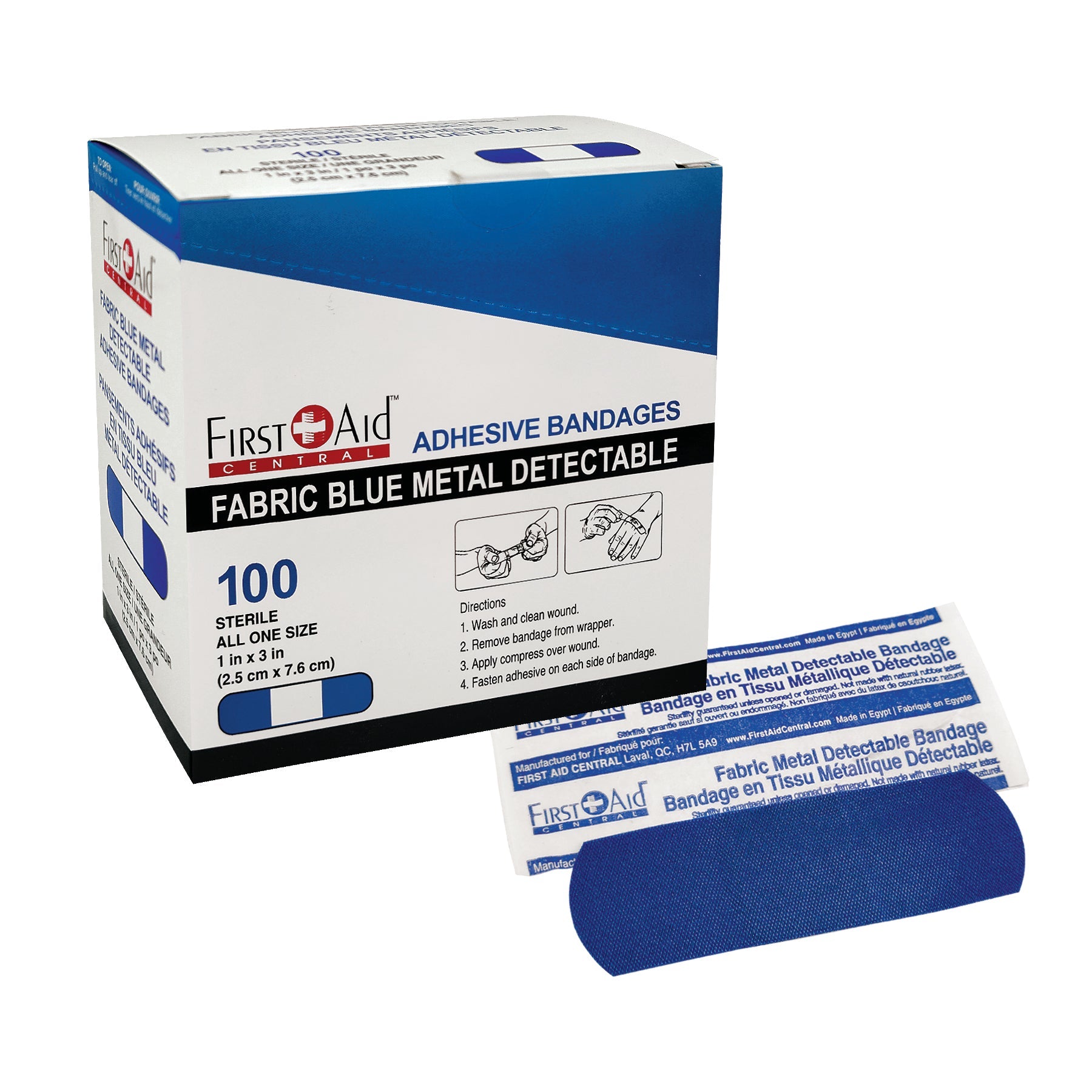 Fabric Blue Metal Detectable Bandages, L1 in x 3 in, 2.5 x 7.6 cm, 100