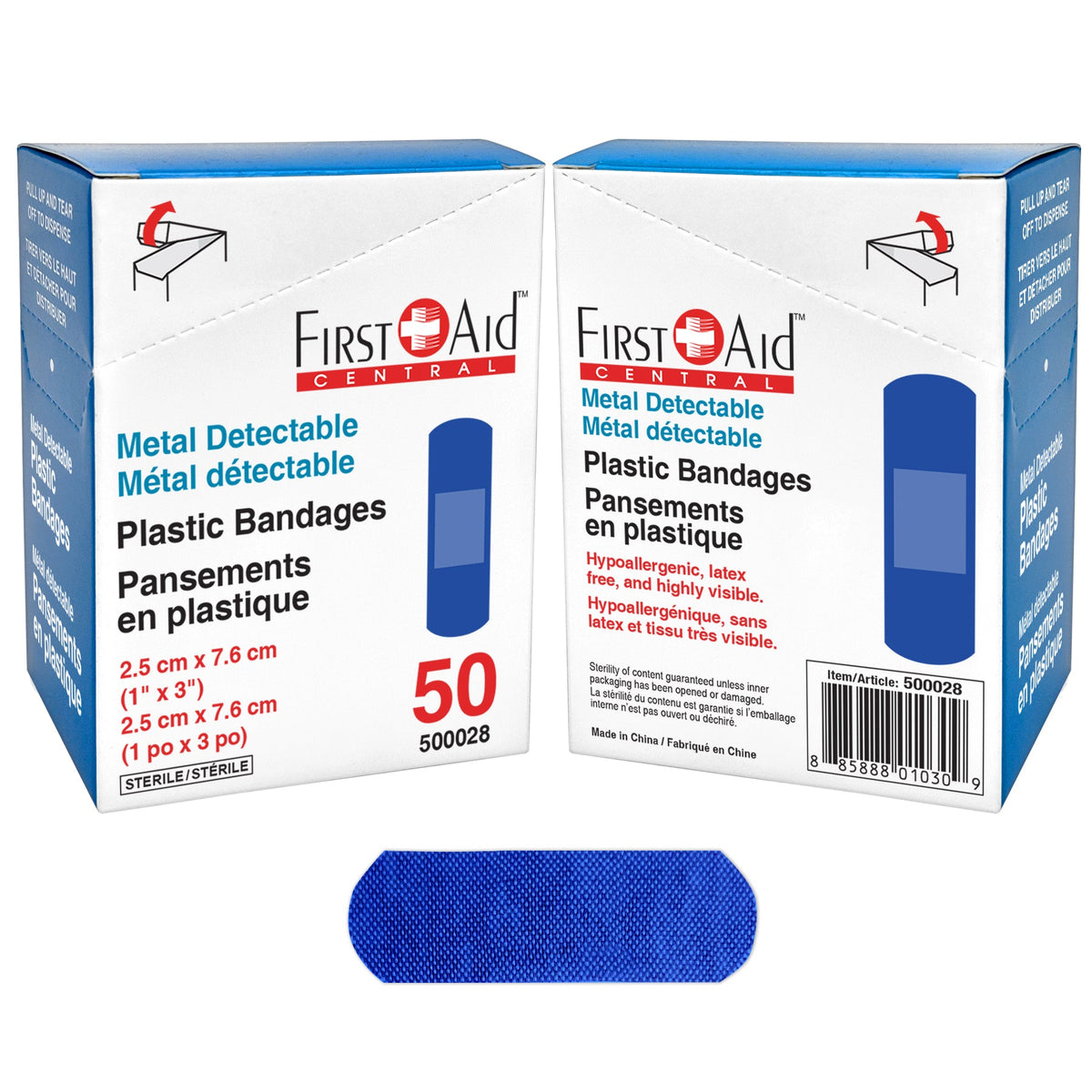 Metal Detectable Plastic Bandages, Blue, 1" x 3", 50 Count