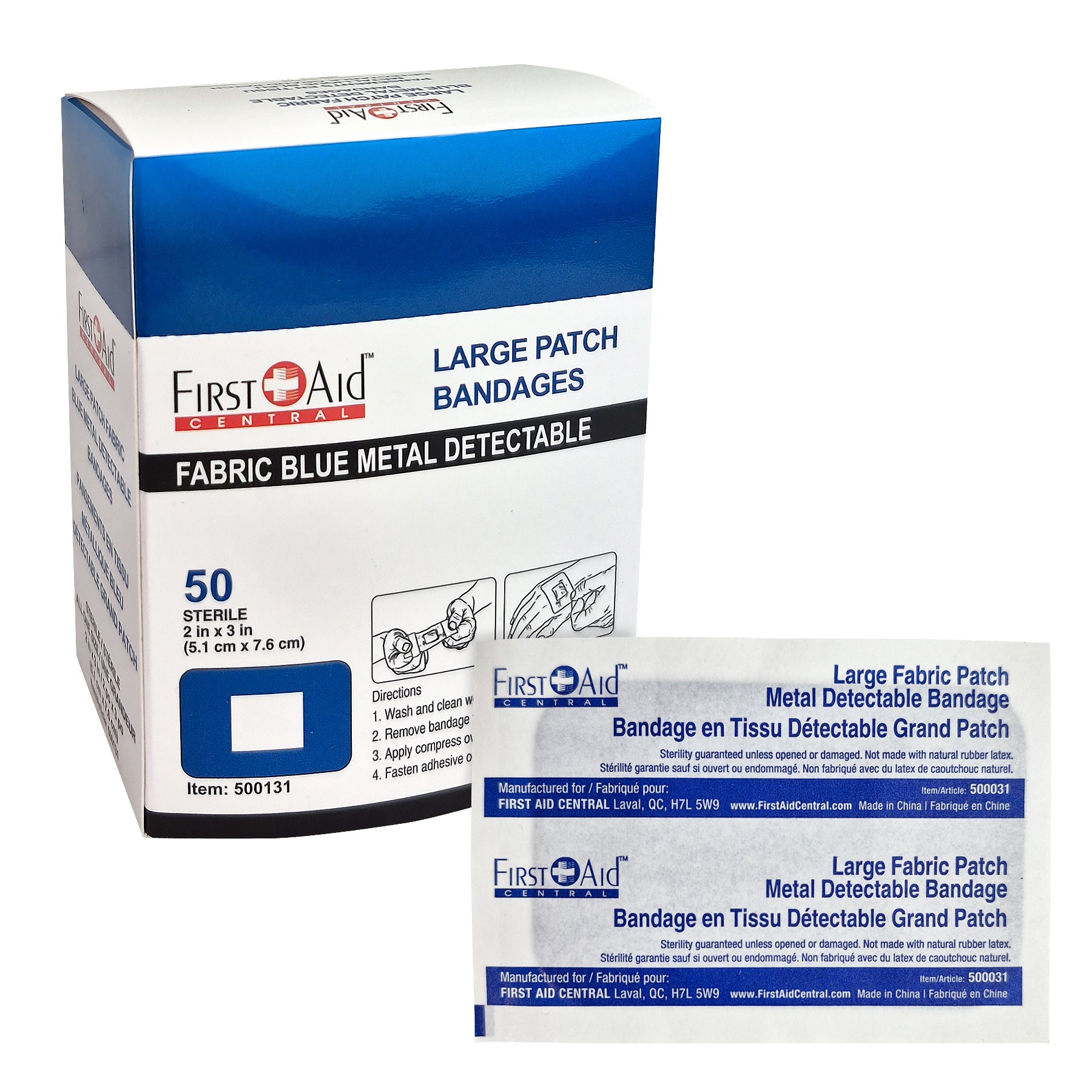 Bandages en tissu détectables en métal bleu 2" x 3" (50)