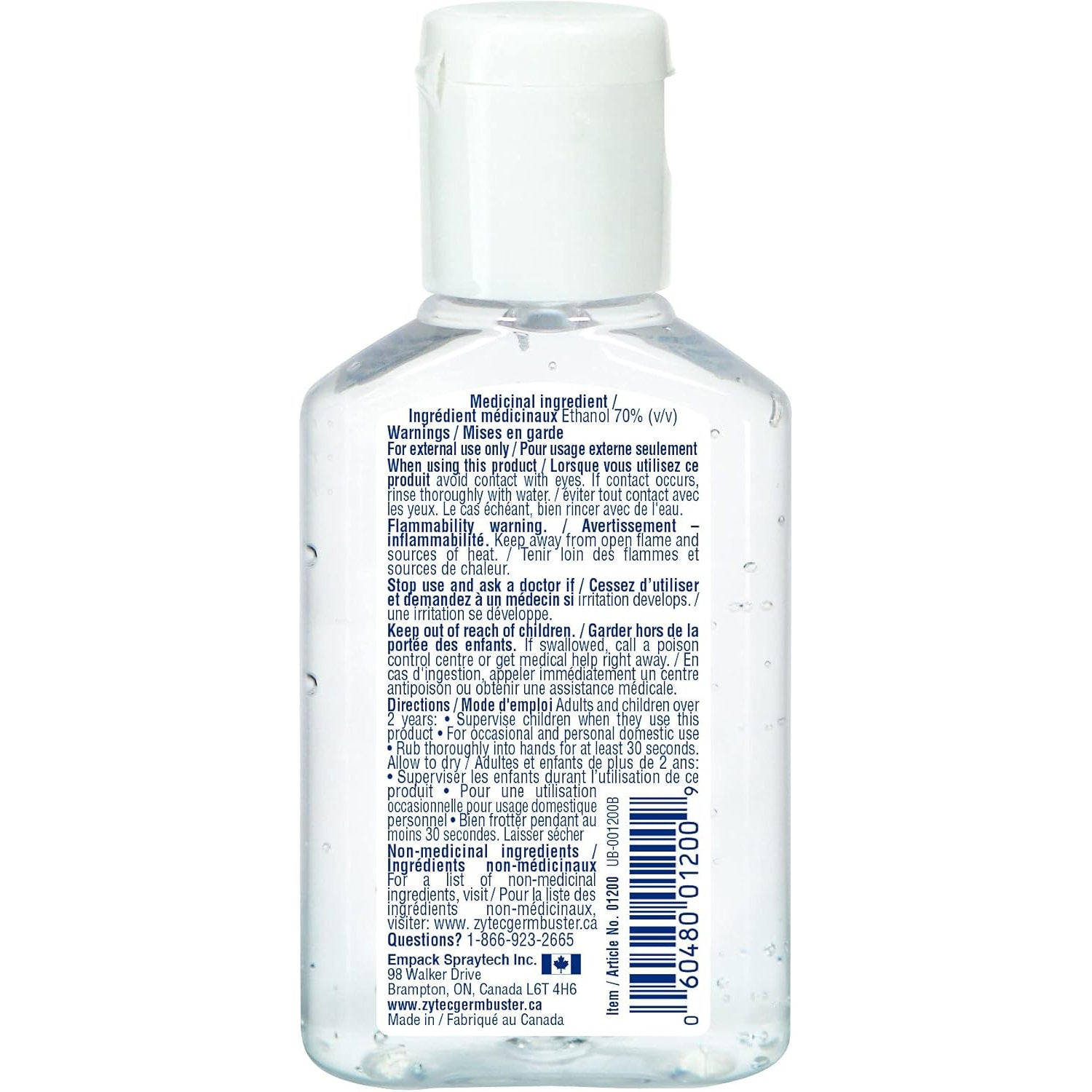 Gel désinfectant pour les mains transparent - 70 % d'alcool - 60 ml
