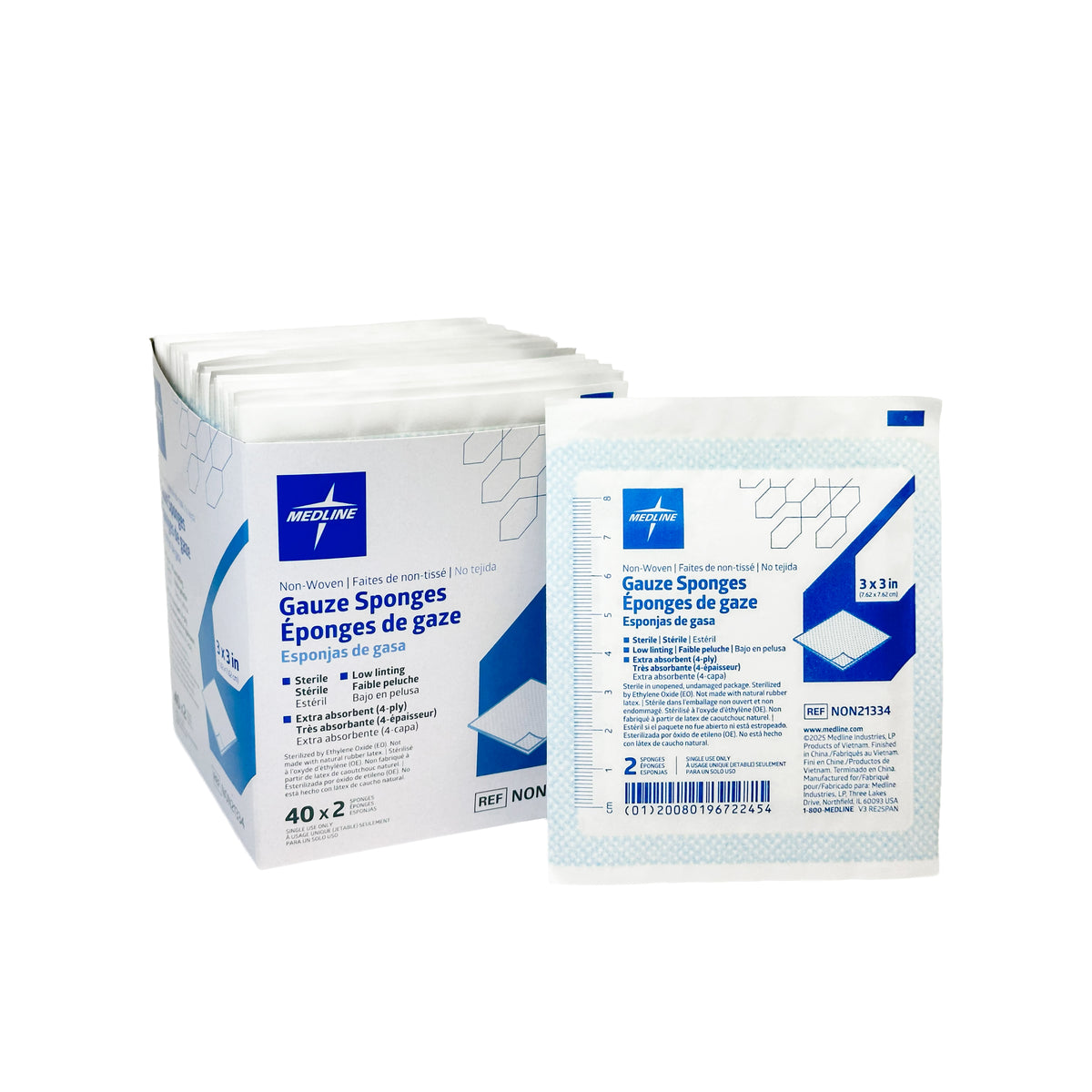 Compresse non tissée stérile Medline, 4 épaisseurs, 3 po x 3 po (7,5 cm x 7,5 cm), 40/Bte
