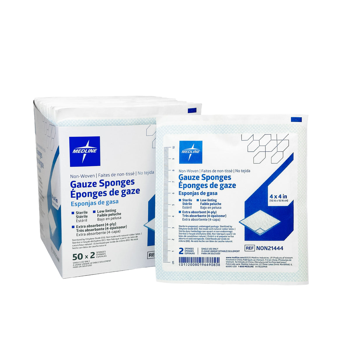 Compresse non tissée stérile Medline, 4 épaisseurs, 4 po x 4 po (10 cm x 10 cm), 100/Bte