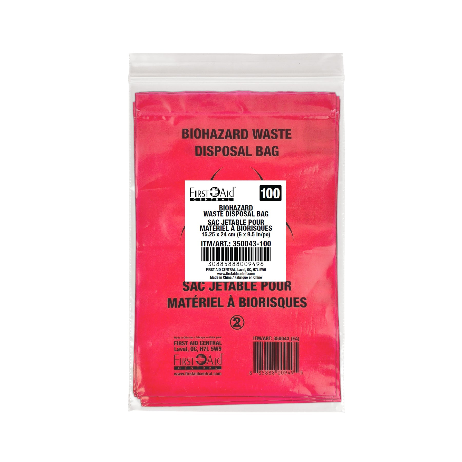 Sacs pour déchets biomédicaux – Refermables, rouges, bilingues (15,25 × 24 cm / 6″ × 9,5″)