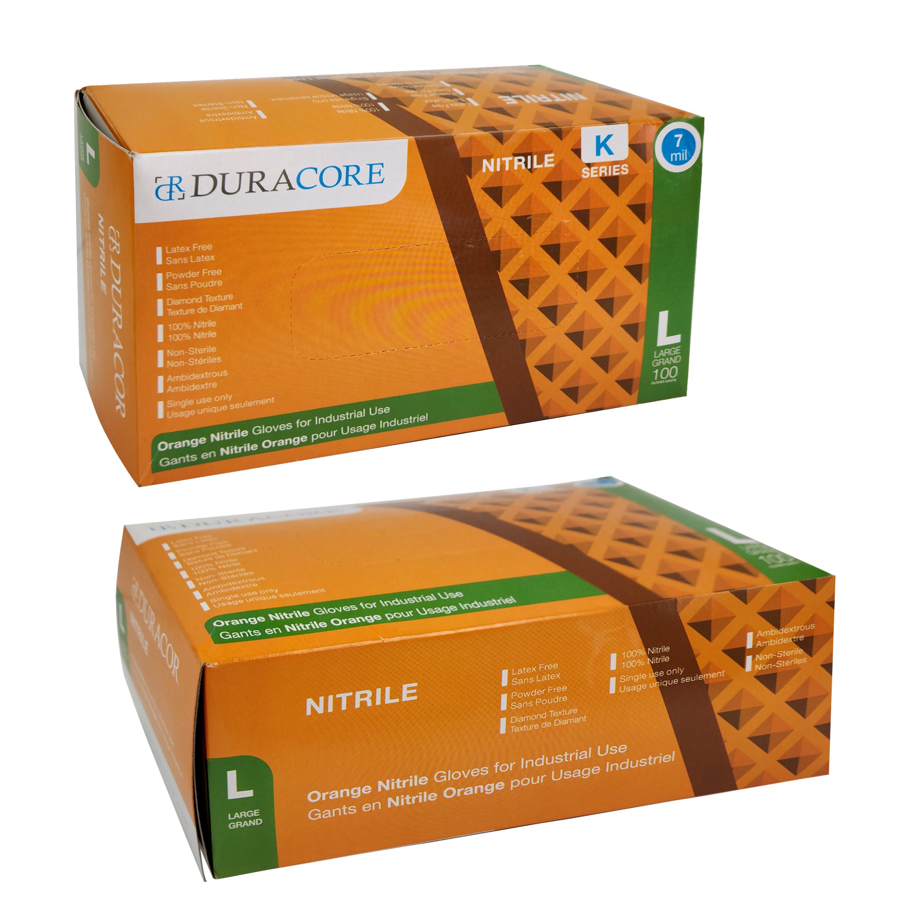 DURACORE, Gants texturés en nitrile orange, sans poudre, 7 mil, boîte de 100
