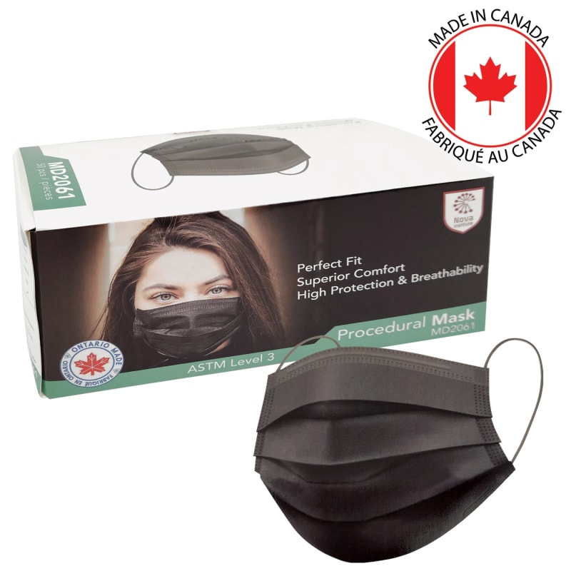 <tc>Masques noirs, ASTM niveau 3, contour d'oreille, 3 épaisseurs - Boîte de 50 - Fabriqués au Canada</tc>