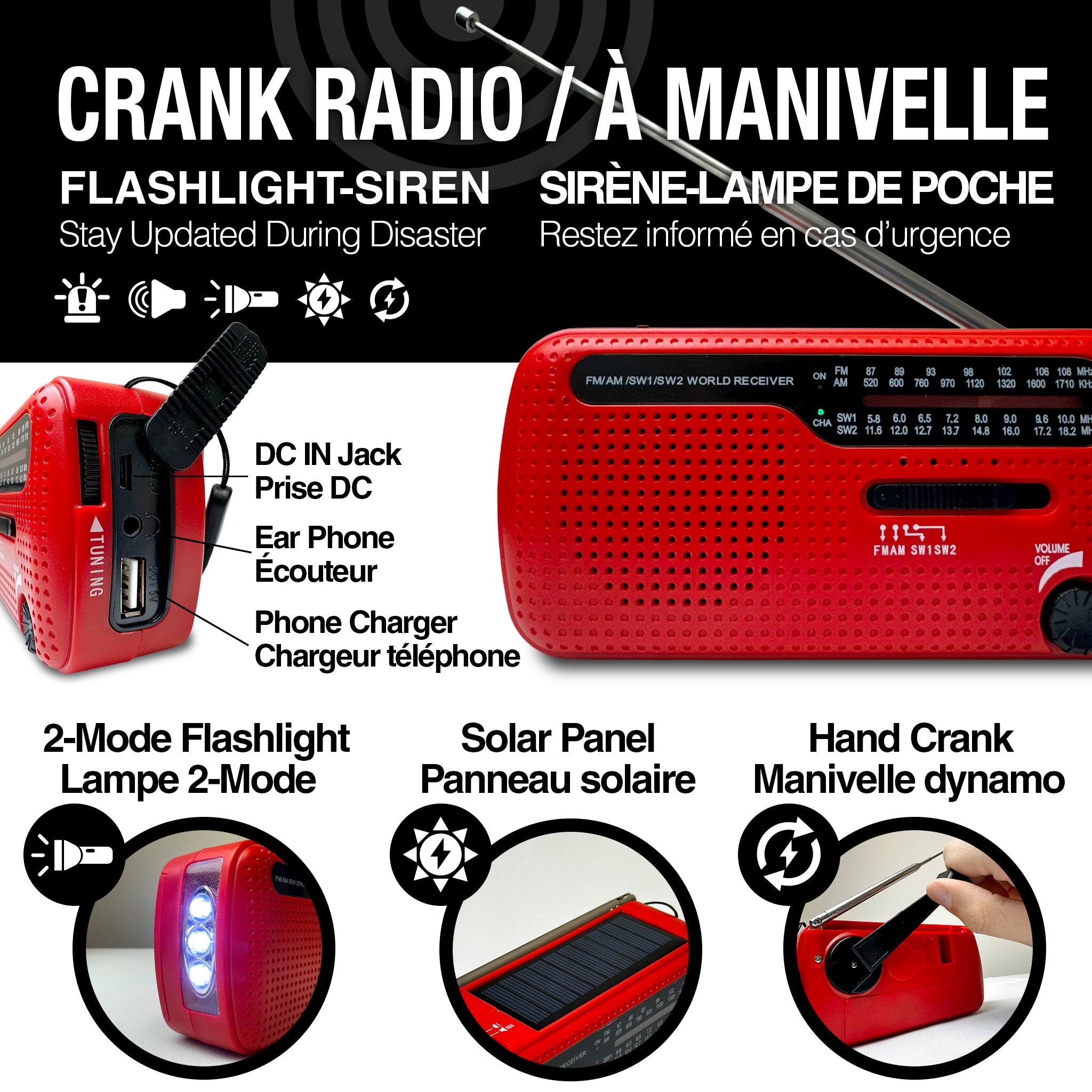 Crank/Solar Power Radio Flashlight with Siren