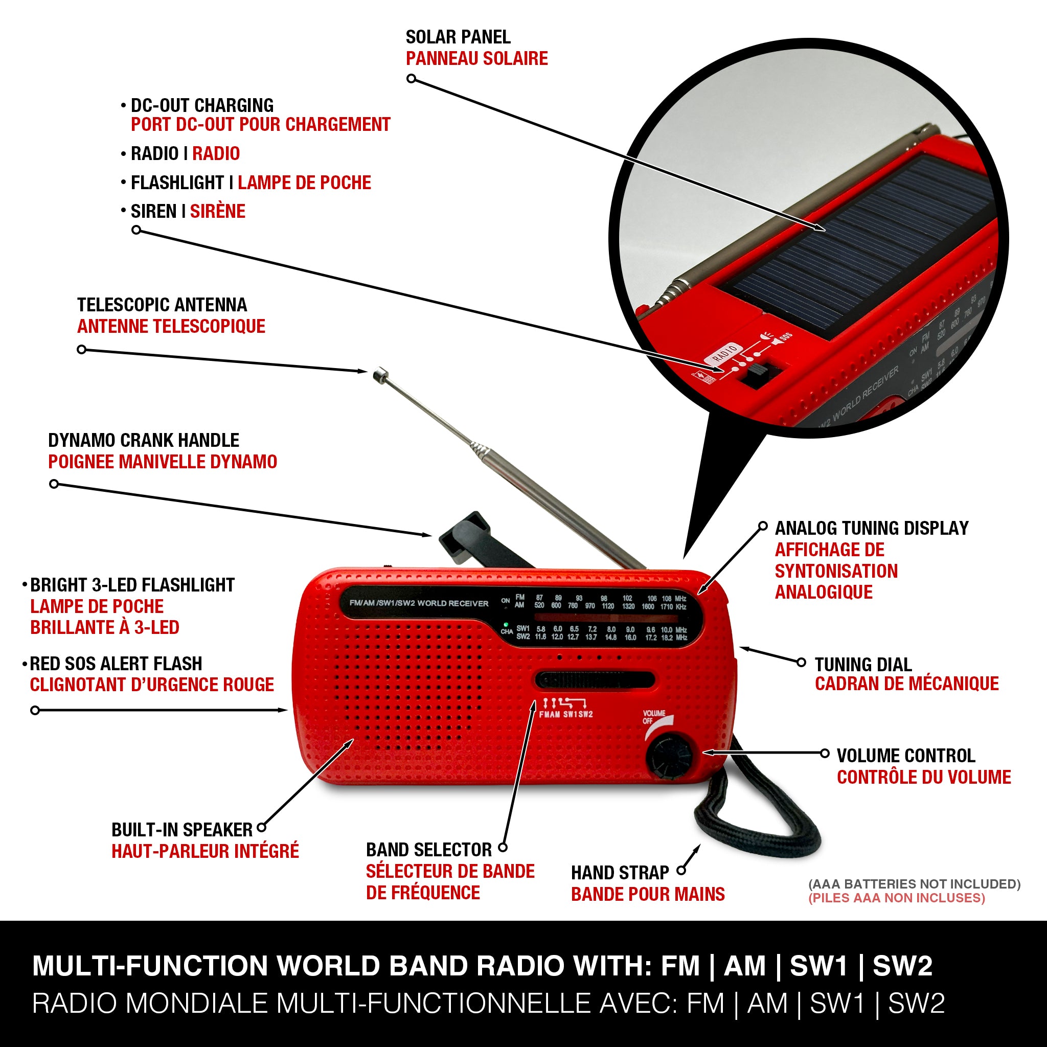 Lampe torche à manivelle et radio multifonction avec alarme Lampe torche à manivelle et radio multifonction avec alarme