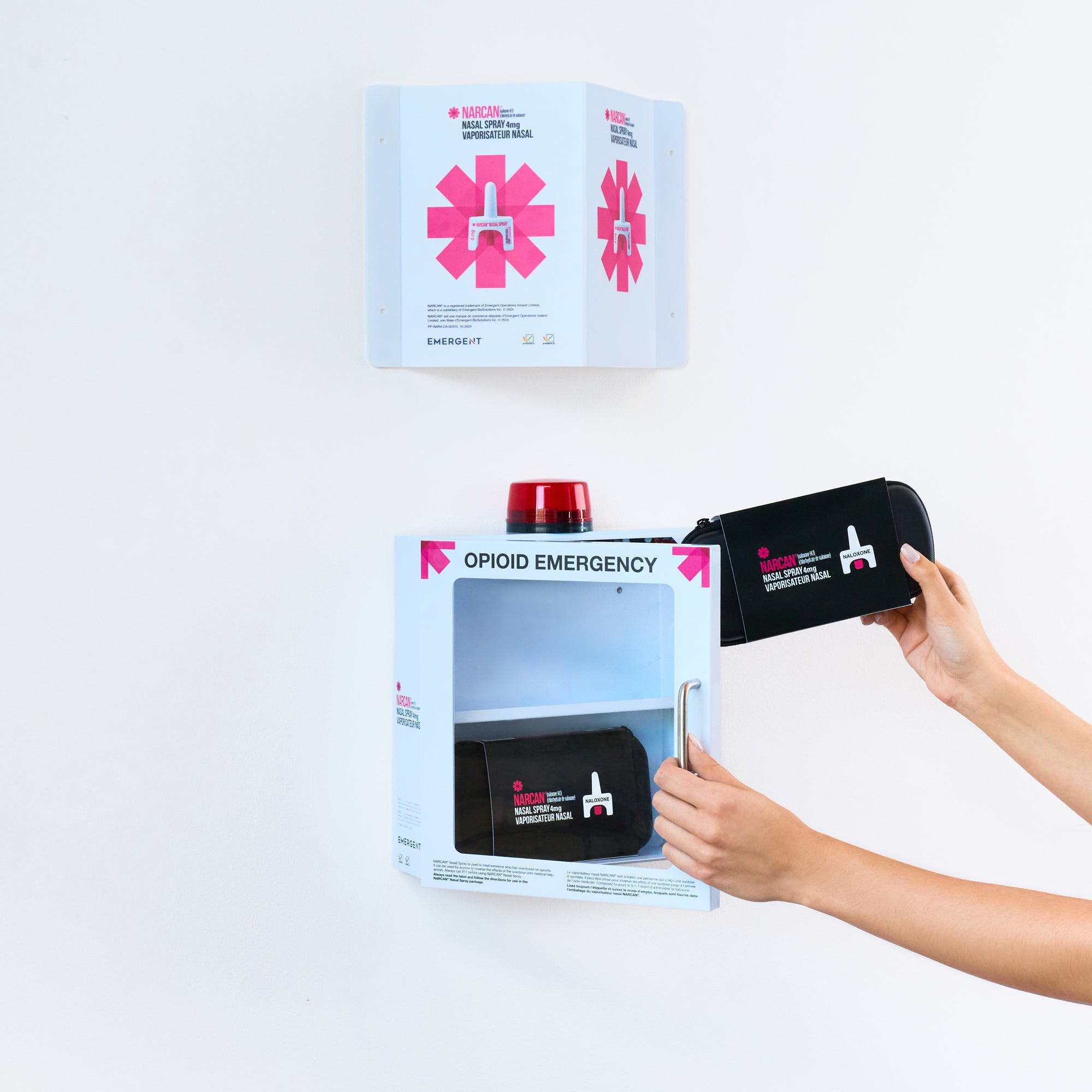 NARCAN® Nasal Spray Wall Cabinet, Orientation Panel and Spray Kit Package